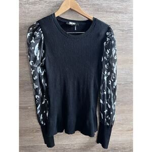 DKNY Women's Black White Striped Sheer Sleeve Sweater sz L Work Elegant